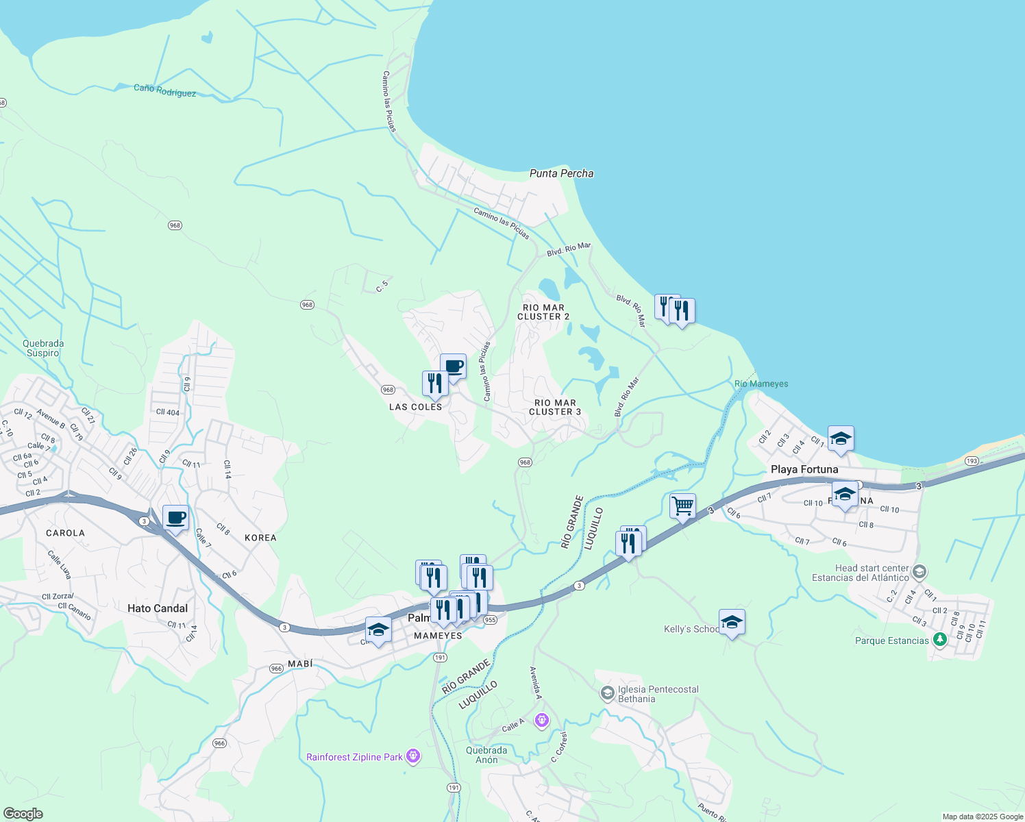 map of restaurants, bars, coffee shops, grocery stores, and more near in Mameyes II