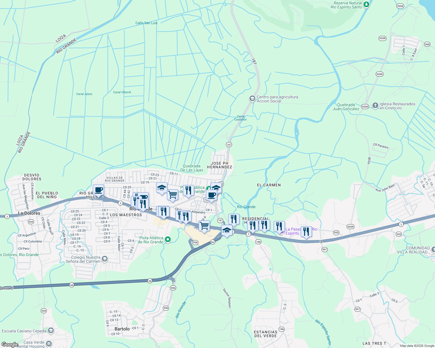 map of restaurants, bars, coffee shops, grocery stores, and more near Calle Principal in Río Grande
