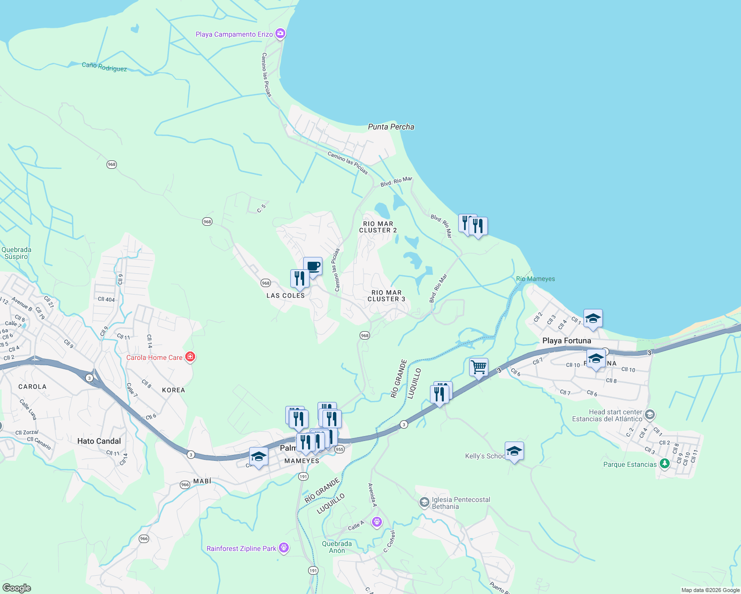 map of restaurants, bars, coffee shops, grocery stores, and more near in Mameyes II