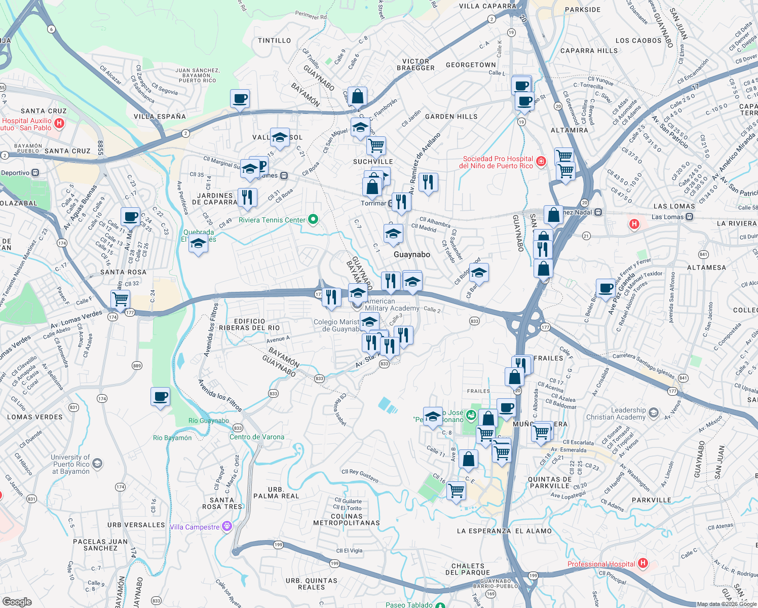 map of restaurants, bars, coffee shops, grocery stores, and more near Calle B in Guaynabo