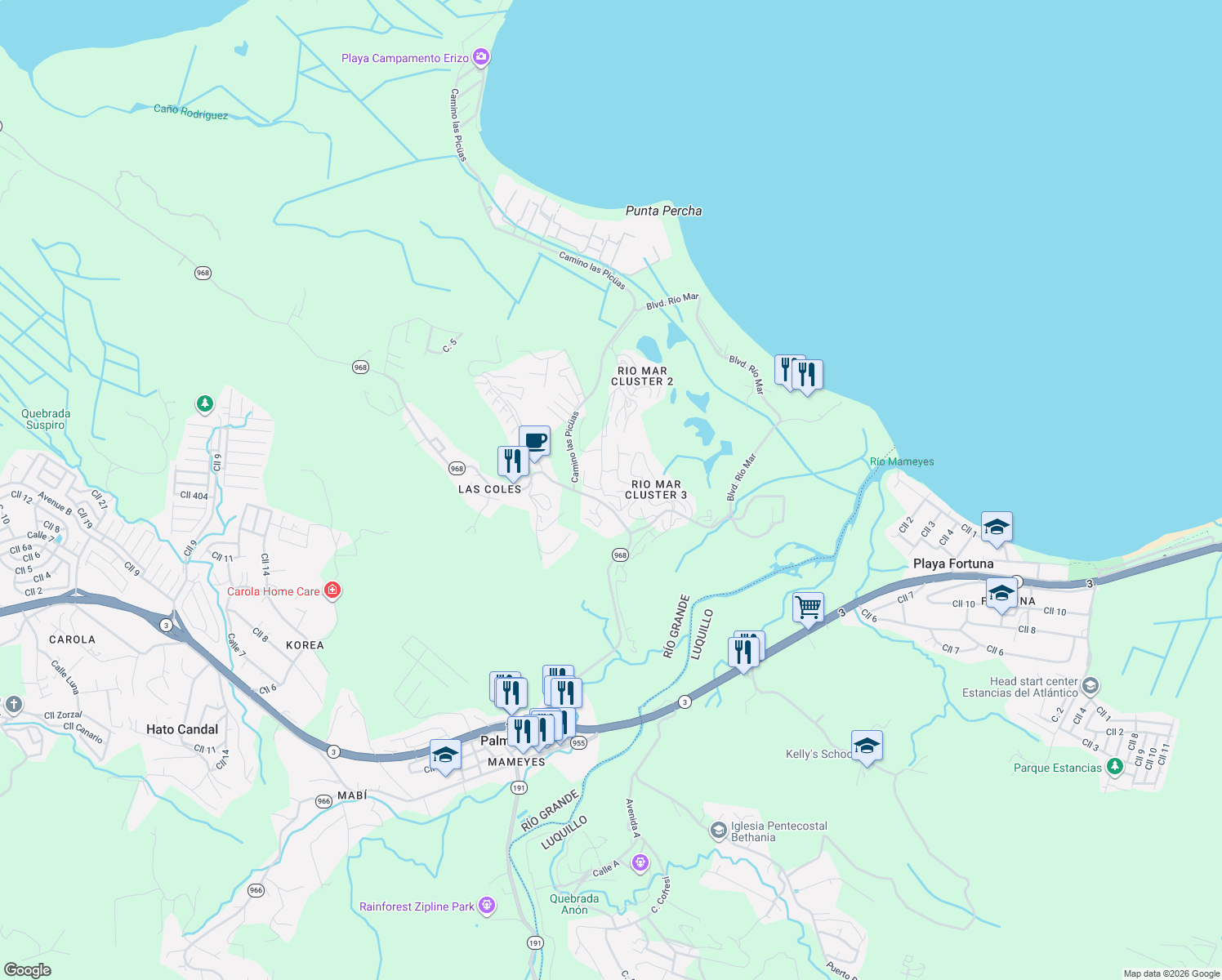map of restaurants, bars, coffee shops, grocery stores, and more near in Mameyes II