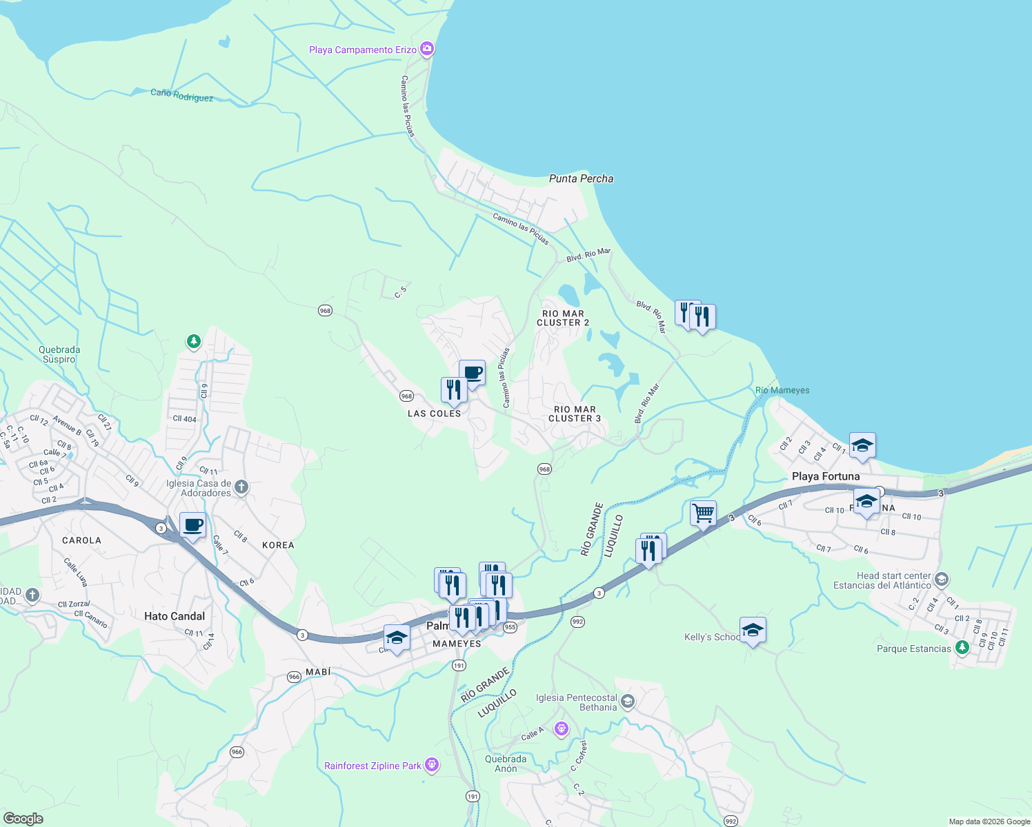 map of restaurants, bars, coffee shops, grocery stores, and more near in Mameyes II