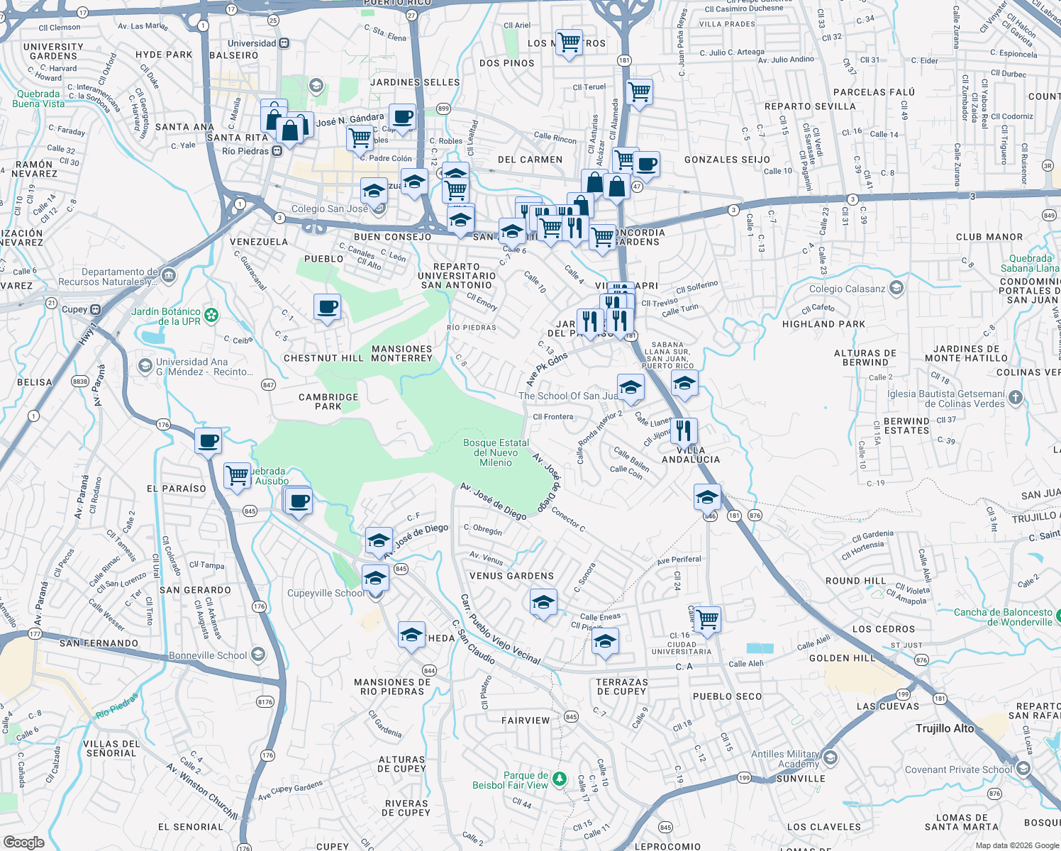 map of restaurants, bars, coffee shops, grocery stores, and more near 28 Avenida Park Gardens in San Juan