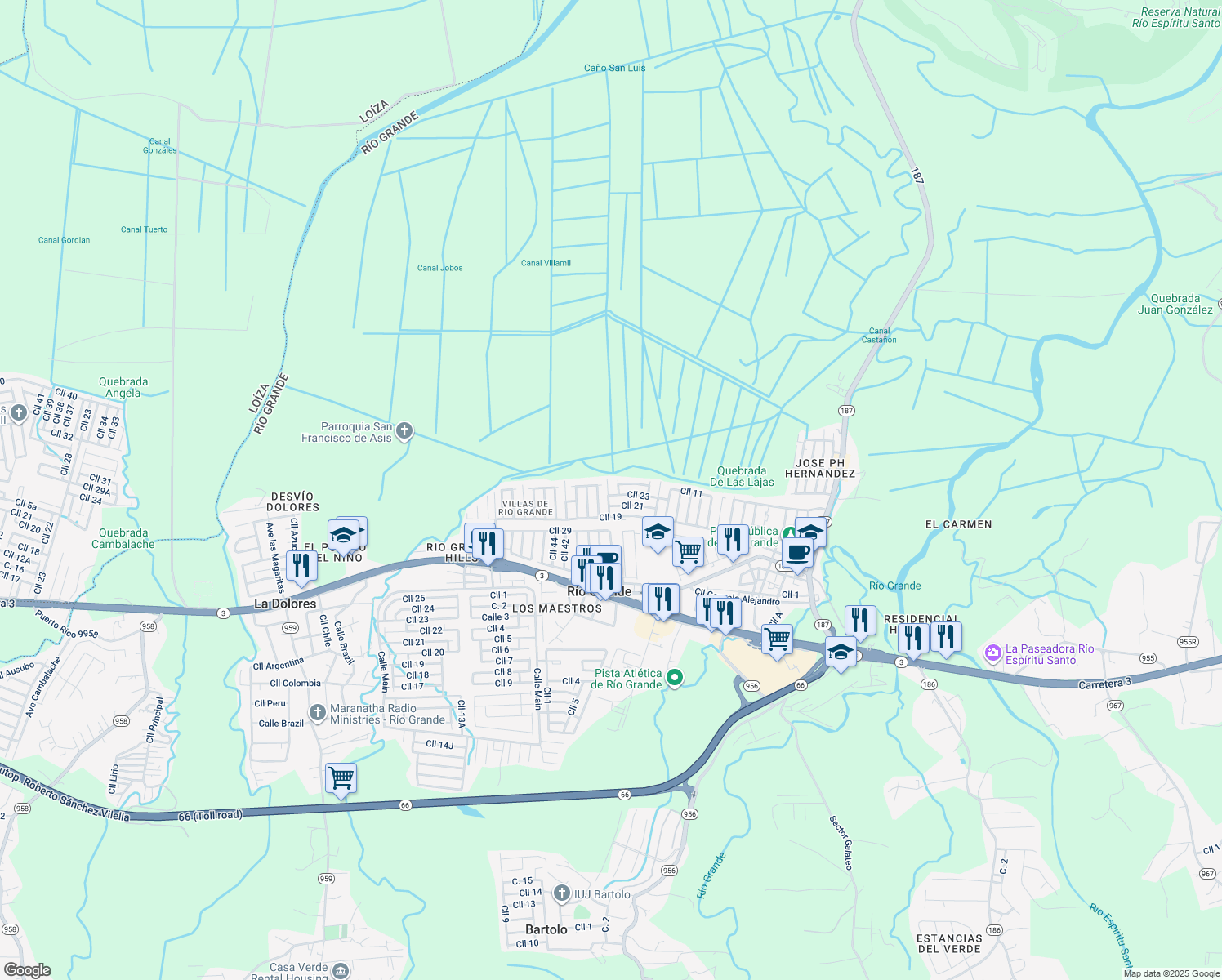 map of restaurants, bars, coffee shops, grocery stores, and more near 16 Calle 30 in Río Grande