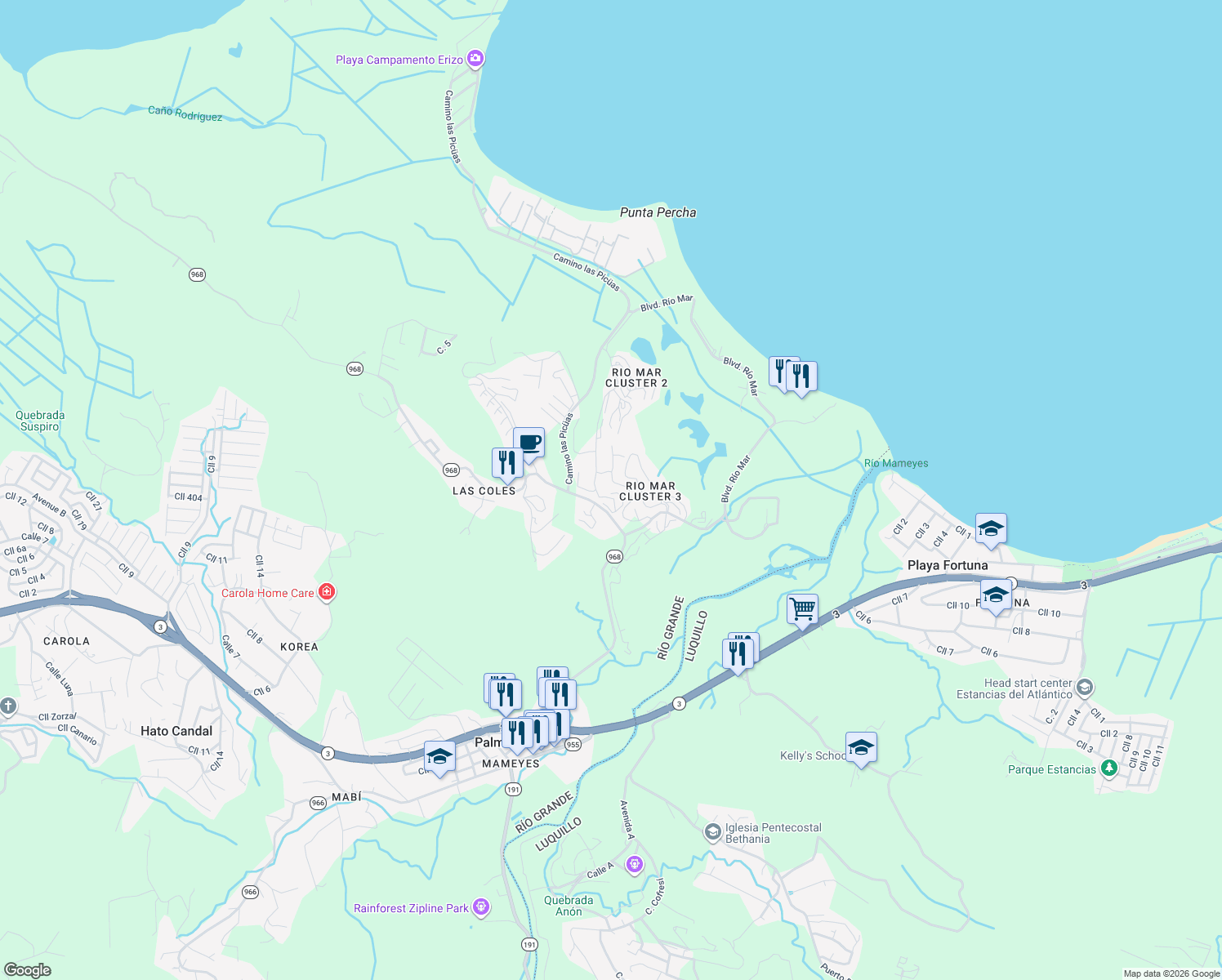 map of restaurants, bars, coffee shops, grocery stores, and more near in Mameyes II