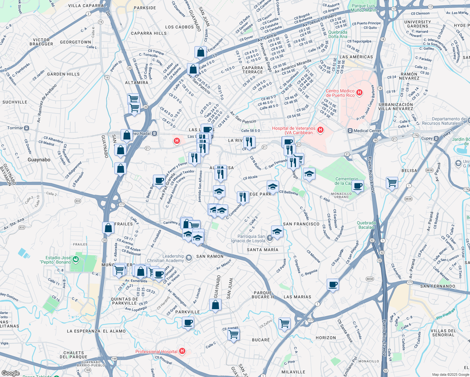 map of restaurants, bars, coffee shops, grocery stores, and more near 286-306 Calle Siena in San Juan