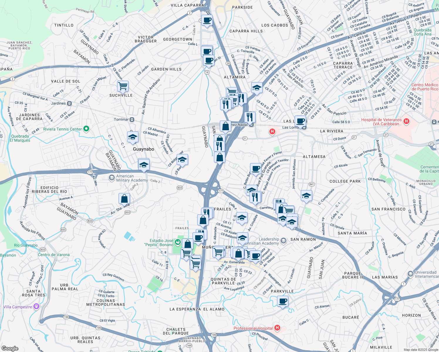 map of restaurants, bars, coffee shops, grocery stores, and more near Puerto Rico 20 in Guaynabo