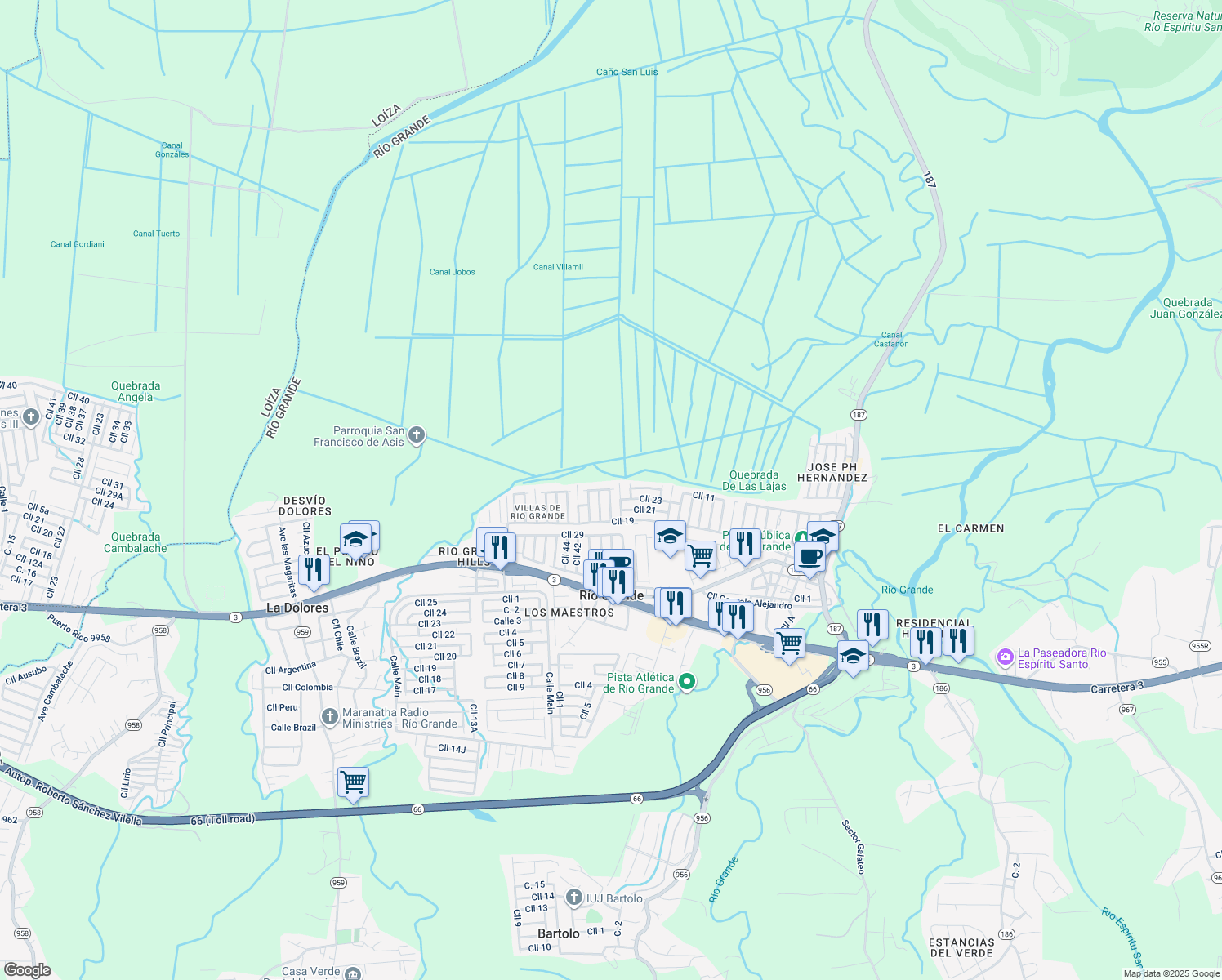 map of restaurants, bars, coffee shops, grocery stores, and more near 16 Calle 30 in Río Grande