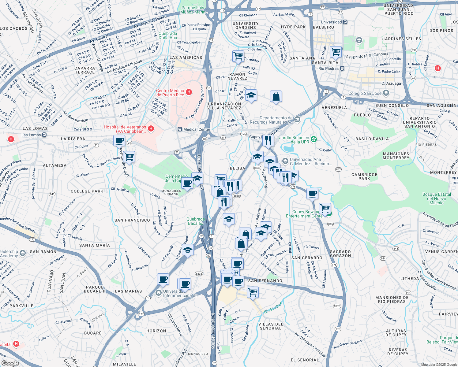 map of restaurants, bars, coffee shops, grocery stores, and more near in San Juan