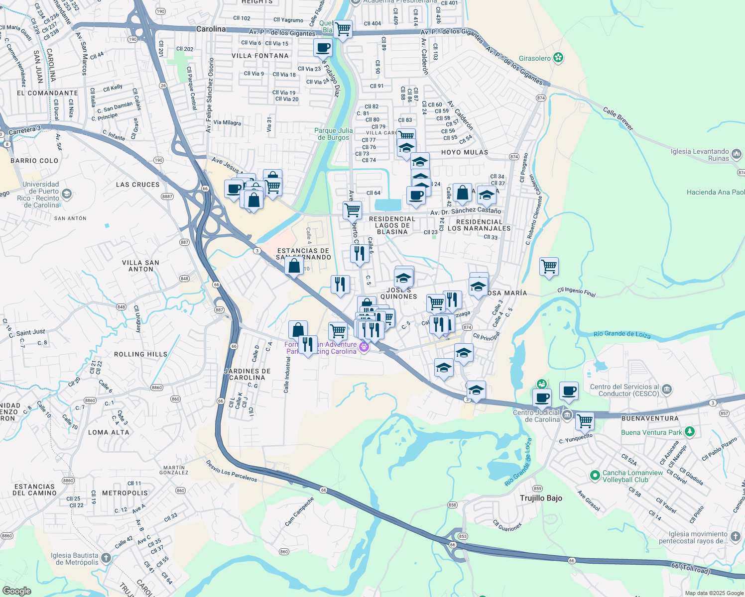 map of restaurants, bars, coffee shops, grocery stores, and more near 30 Avenida Roberto Clemente in Carolina