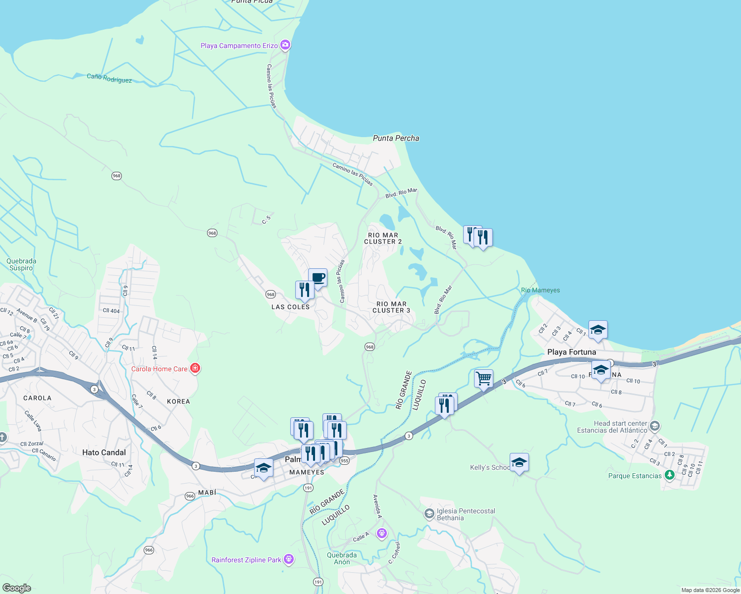 map of restaurants, bars, coffee shops, grocery stores, and more near in Mameyes II