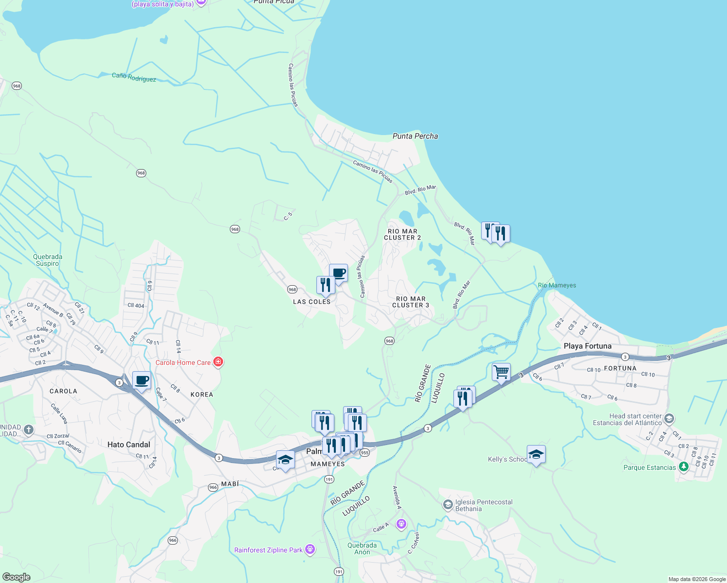 map of restaurants, bars, coffee shops, grocery stores, and more near in Mameyes II