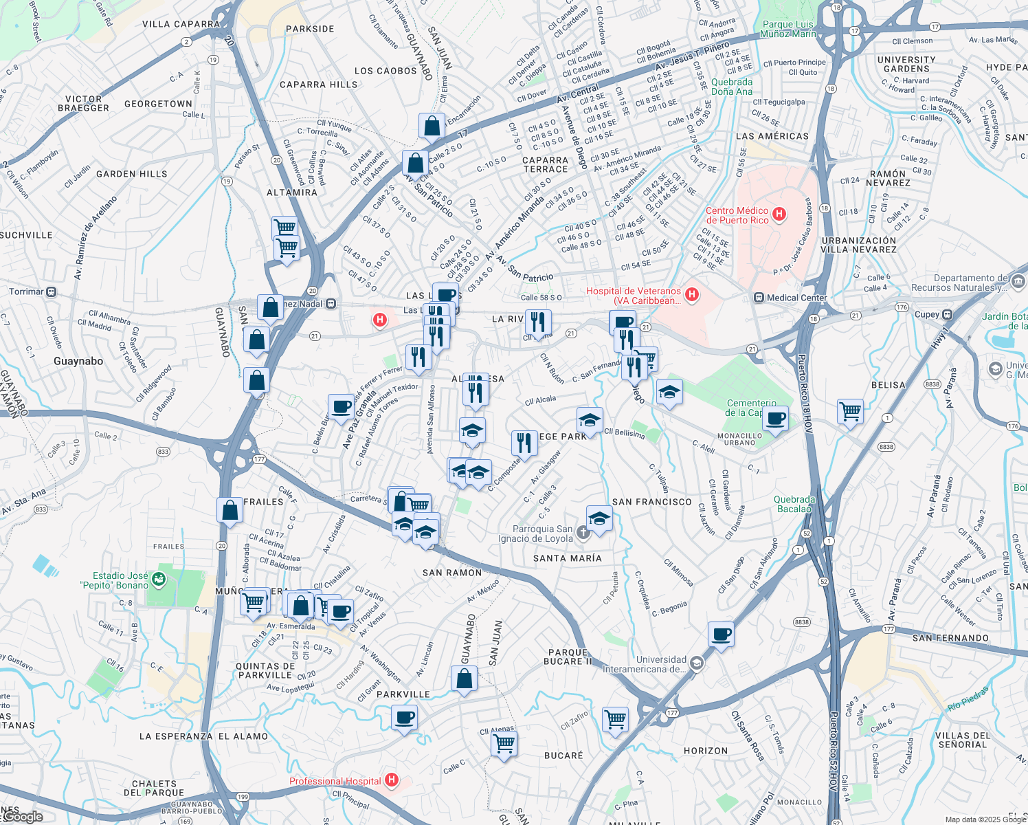 map of restaurants, bars, coffee shops, grocery stores, and more near 286-306 Calle Siena in San Juan