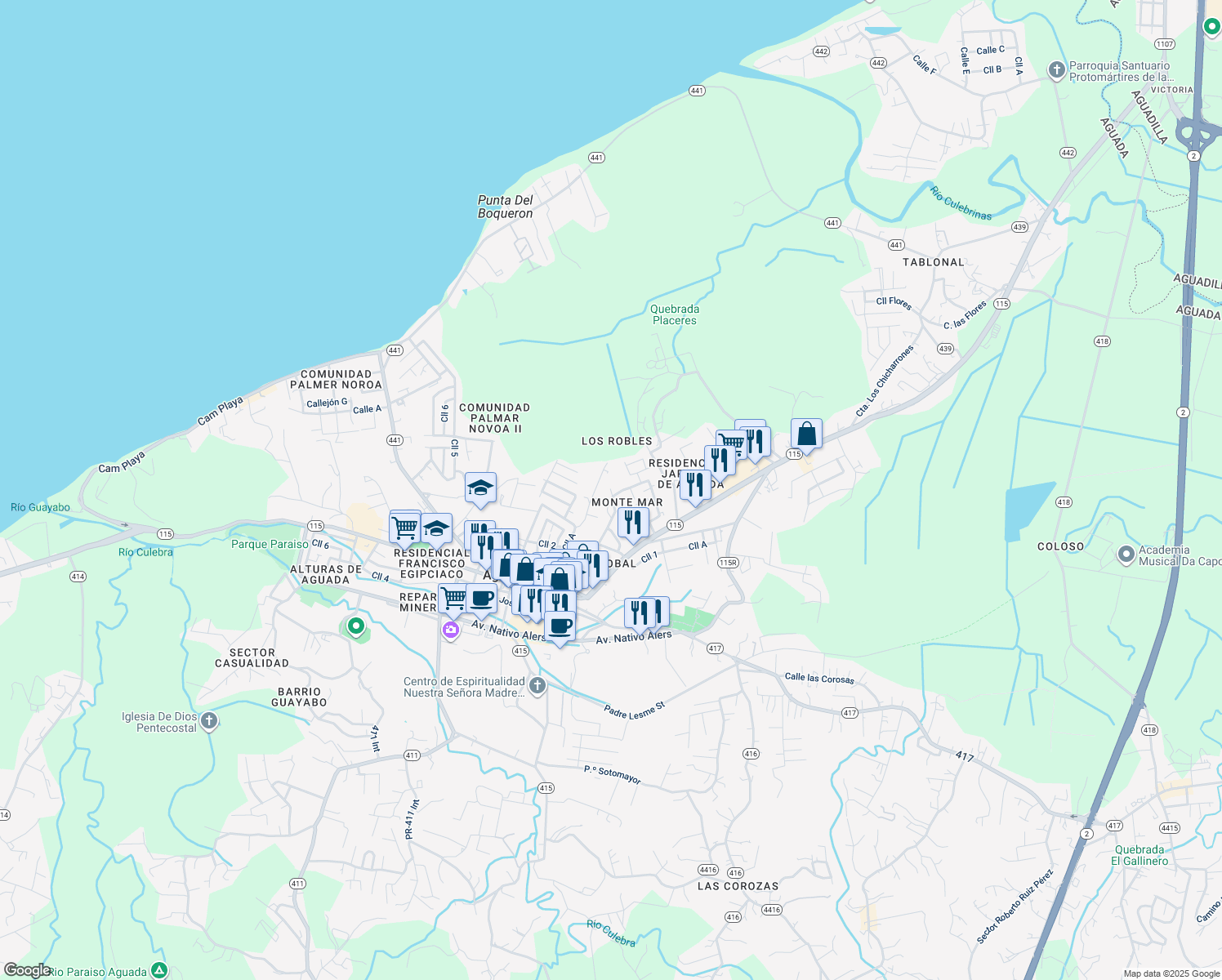 map of restaurants, bars, coffee shops, grocery stores, and more near Calle 2 in Asomante