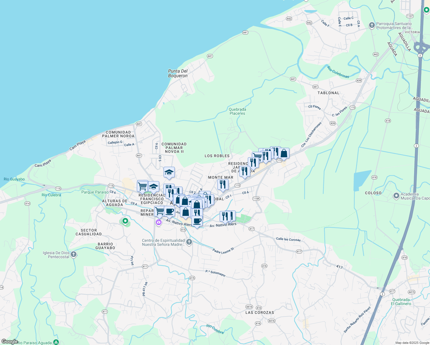 map of restaurants, bars, coffee shops, grocery stores, and more near Calle 2 in Asomante