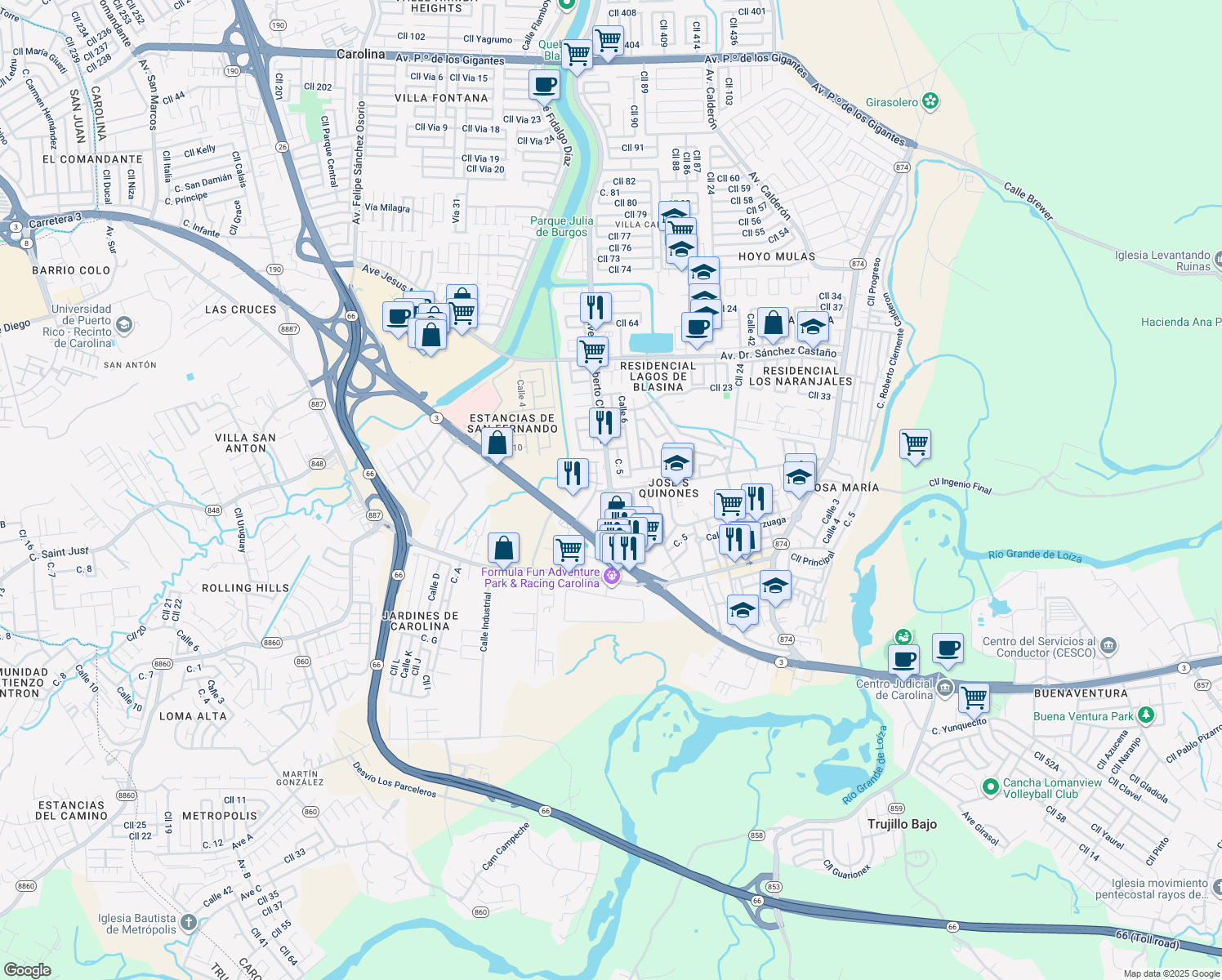 map of restaurants, bars, coffee shops, grocery stores, and more near 30 Avenida Roberto Clemente in Carolina