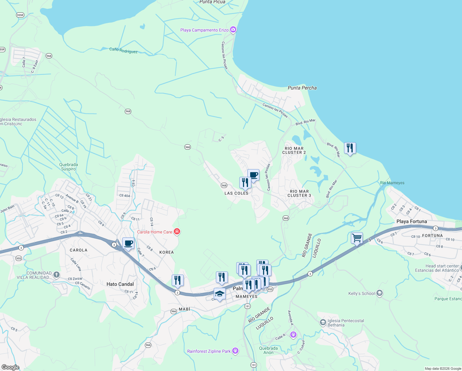 map of restaurants, bars, coffee shops, grocery stores, and more near PR-968 in Rio Grande