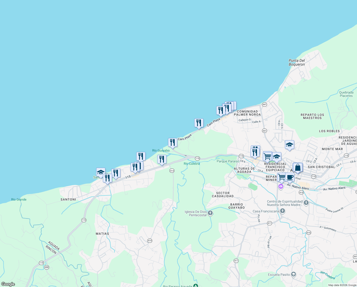 map of restaurants, bars, coffee shops, grocery stores, and more near Camino Playa in Aguada