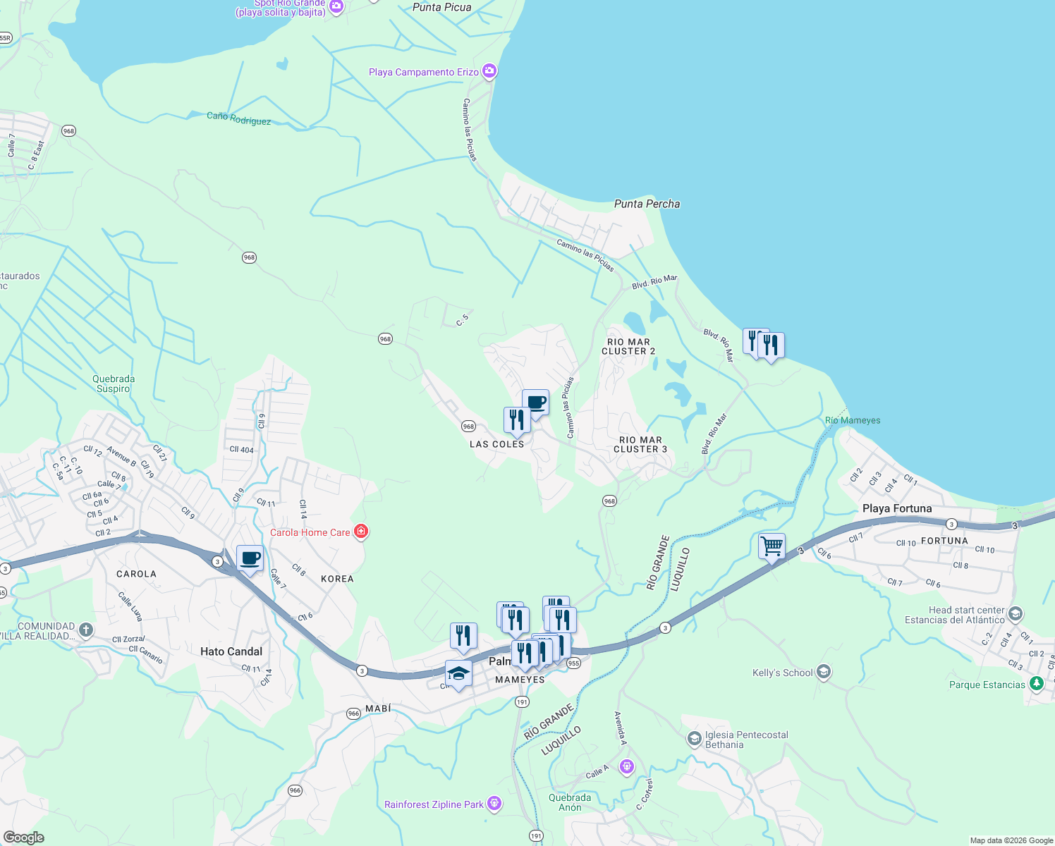 map of restaurants, bars, coffee shops, grocery stores, and more near in Río Grande