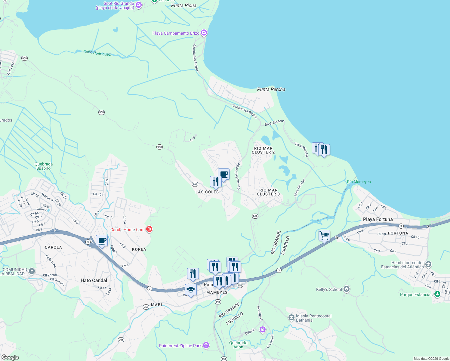 map of restaurants, bars, coffee shops, grocery stores, and more near in Río Grande