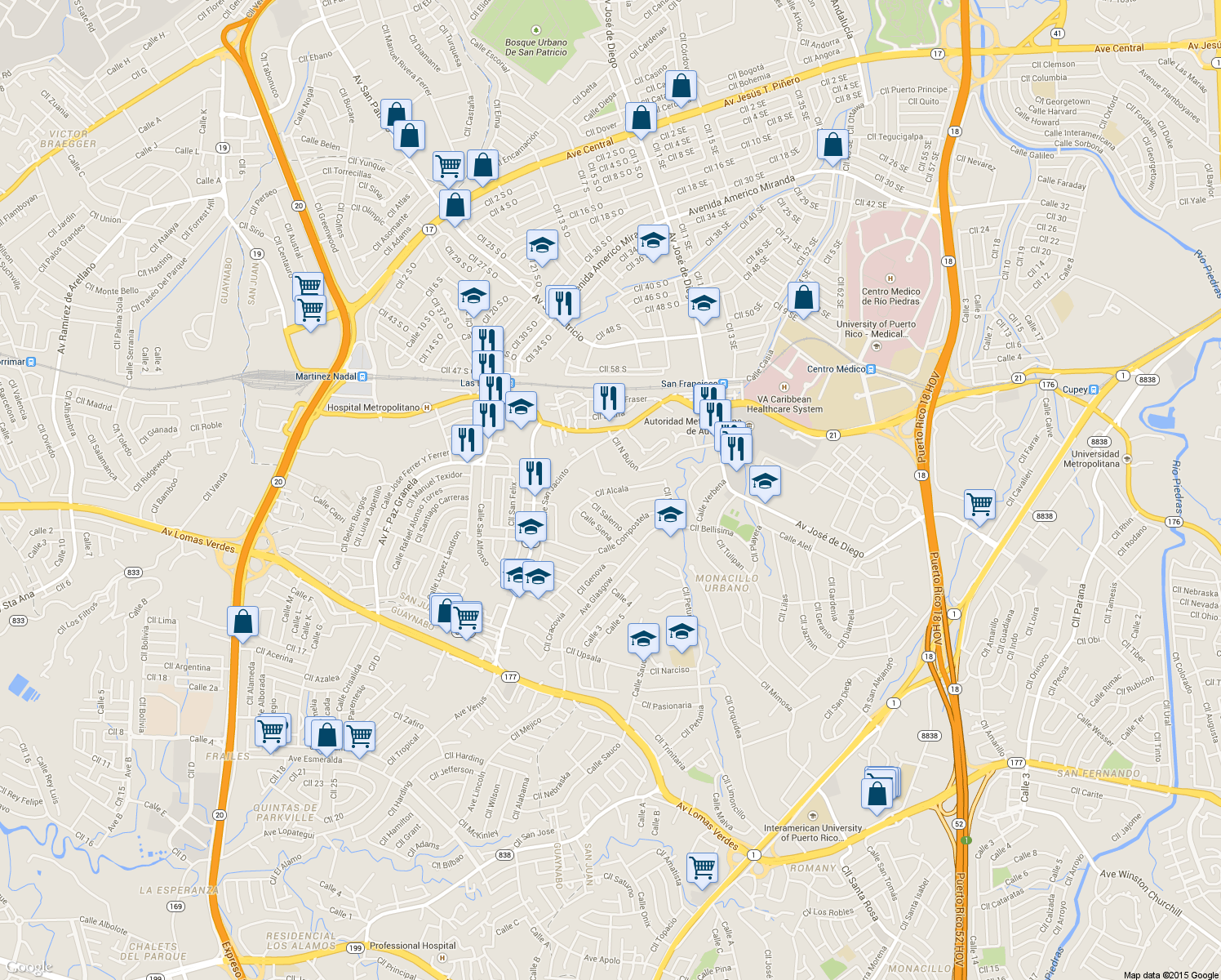 map of restaurants, bars, coffee shops, grocery stores, and more near Calle Alcala in San Juan