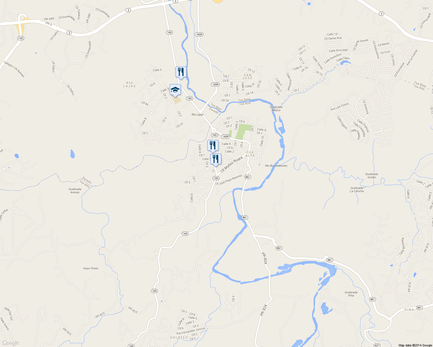 map of restaurants, bars, coffee shops, grocery stores, and more near Highway 165 in Toa Alta