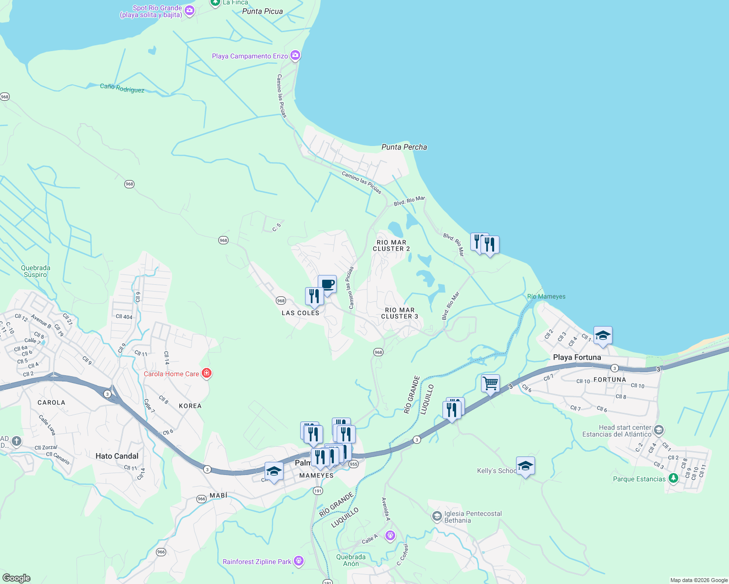 map of restaurants, bars, coffee shops, grocery stores, and more near Puerto Rico 968 in Río Grande
