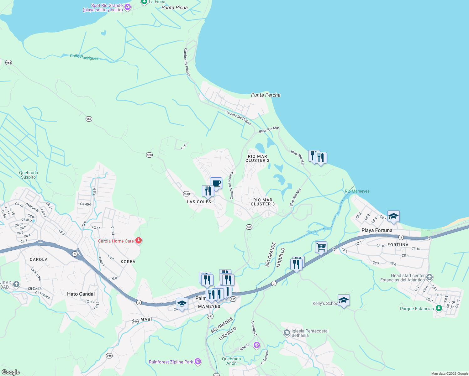 map of restaurants, bars, coffee shops, grocery stores, and more near Puerto Rico 968 in Río Grande
