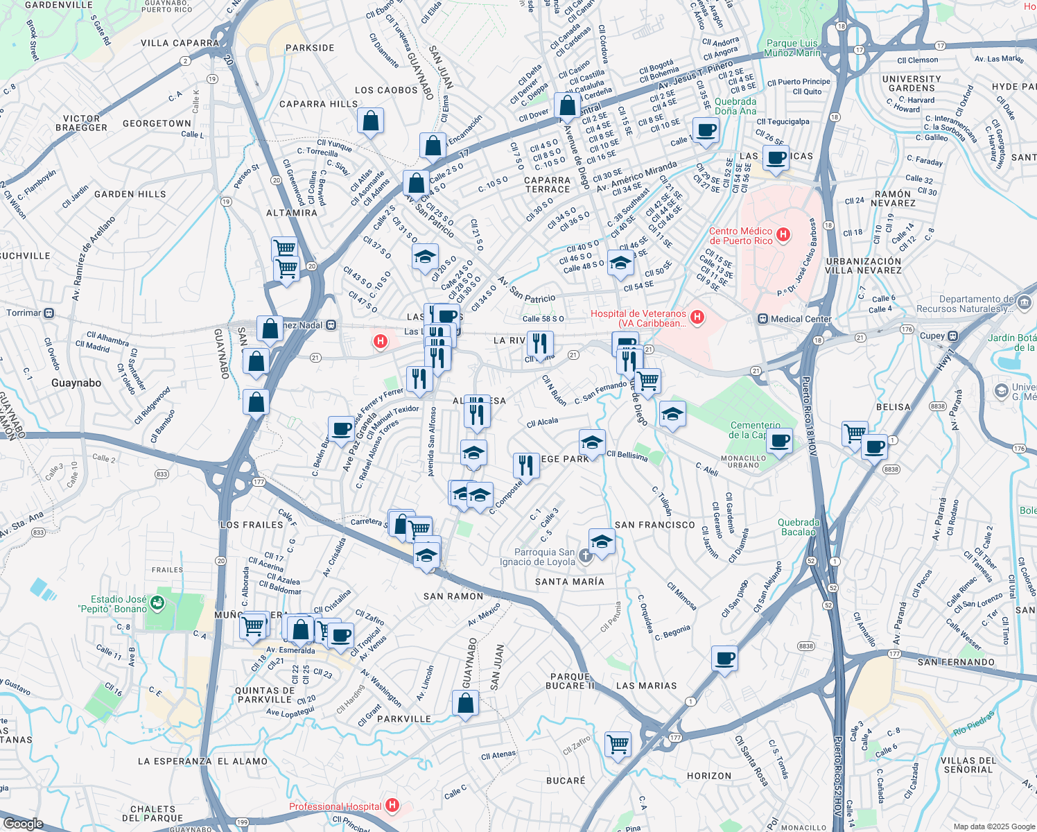 map of restaurants, bars, coffee shops, grocery stores, and more near Calle Alcala in San Juan