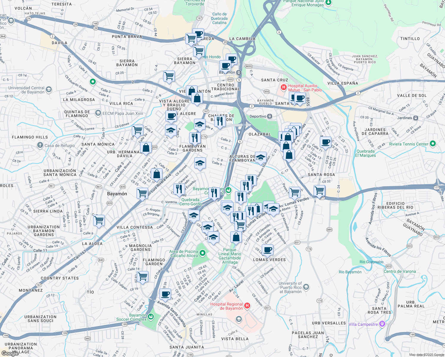 map of restaurants, bars, coffee shops, grocery stores, and more near Calle Apolo in Bayamón