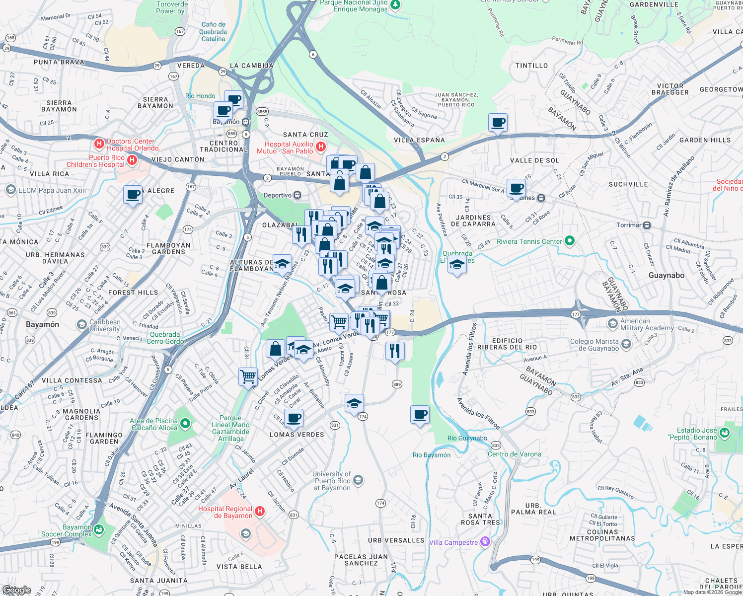 map of restaurants, bars, coffee shops, grocery stores, and more near 54 Highway 174 in Bayamón