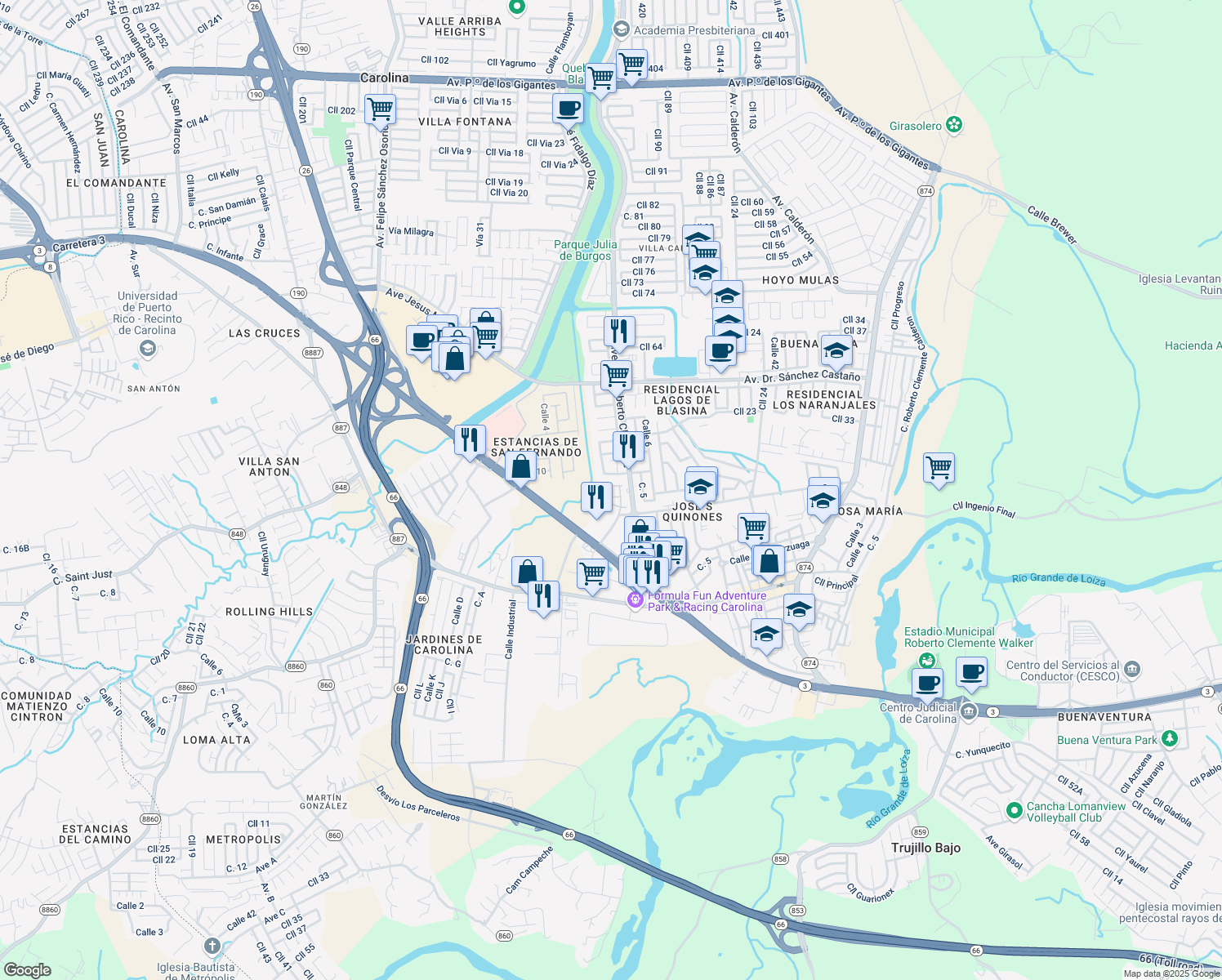 map of restaurants, bars, coffee shops, grocery stores, and more near Cll Park Dark in Carolina