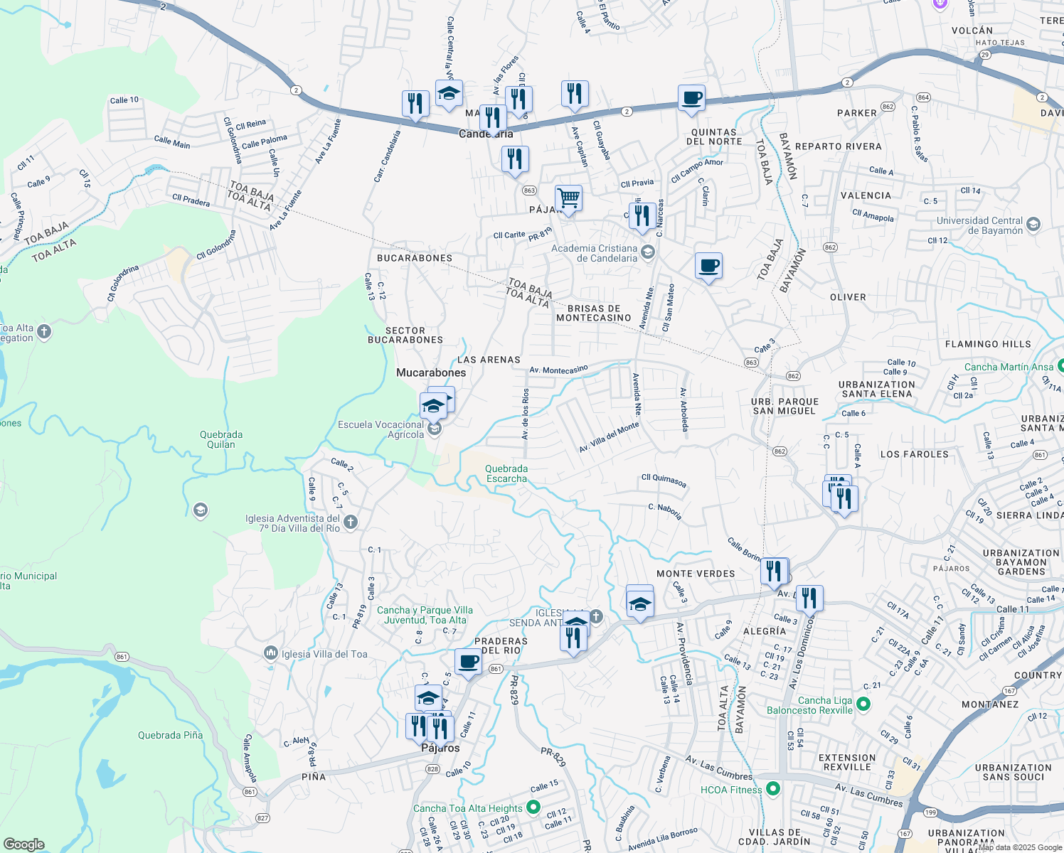 map of restaurants, bars, coffee shops, grocery stores, and more near Calle Rio Lajas in Toa Alta