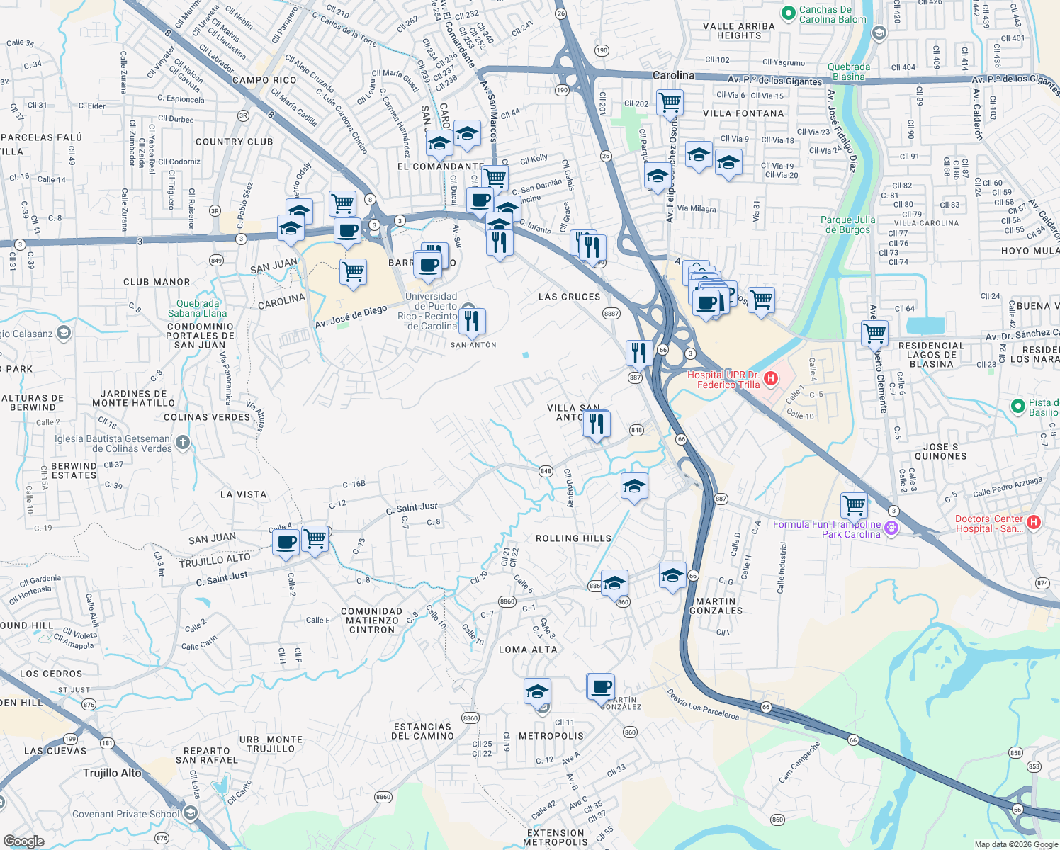 map of restaurants, bars, coffee shops, grocery stores, and more near Calle Ramón Figueroa Castro in Carolina