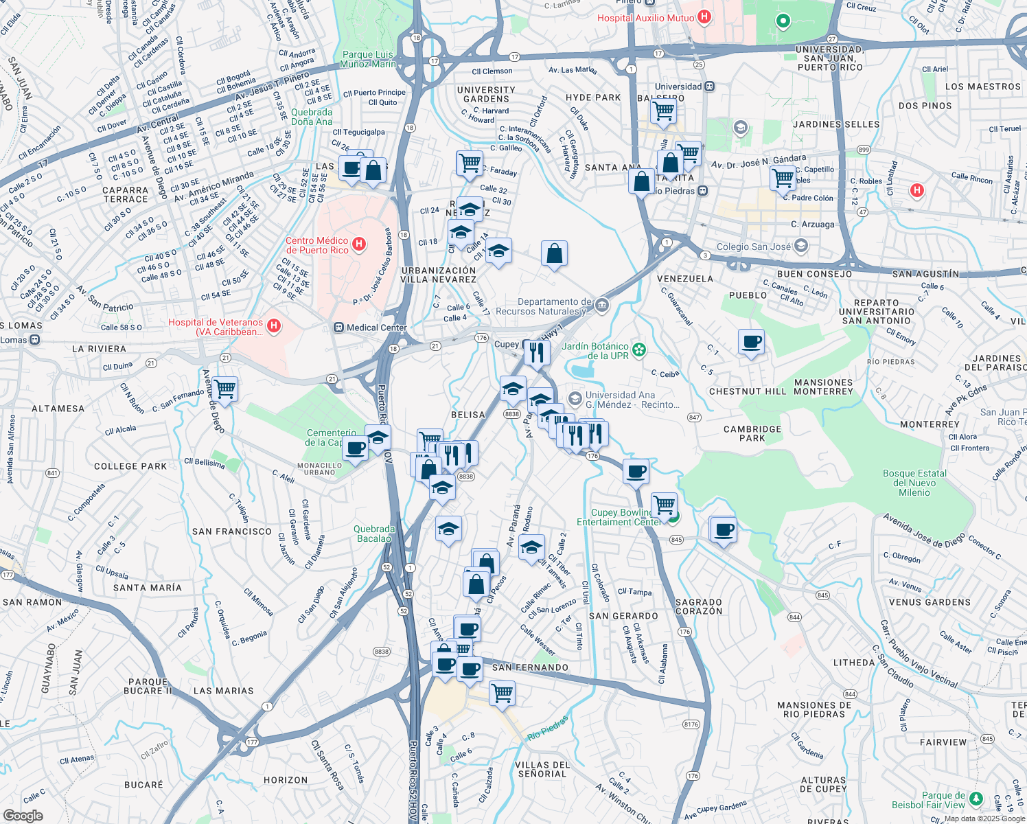 map of restaurants, bars, coffee shops, grocery stores, and more near 1547 Calle Ponce de Leon in San Juan