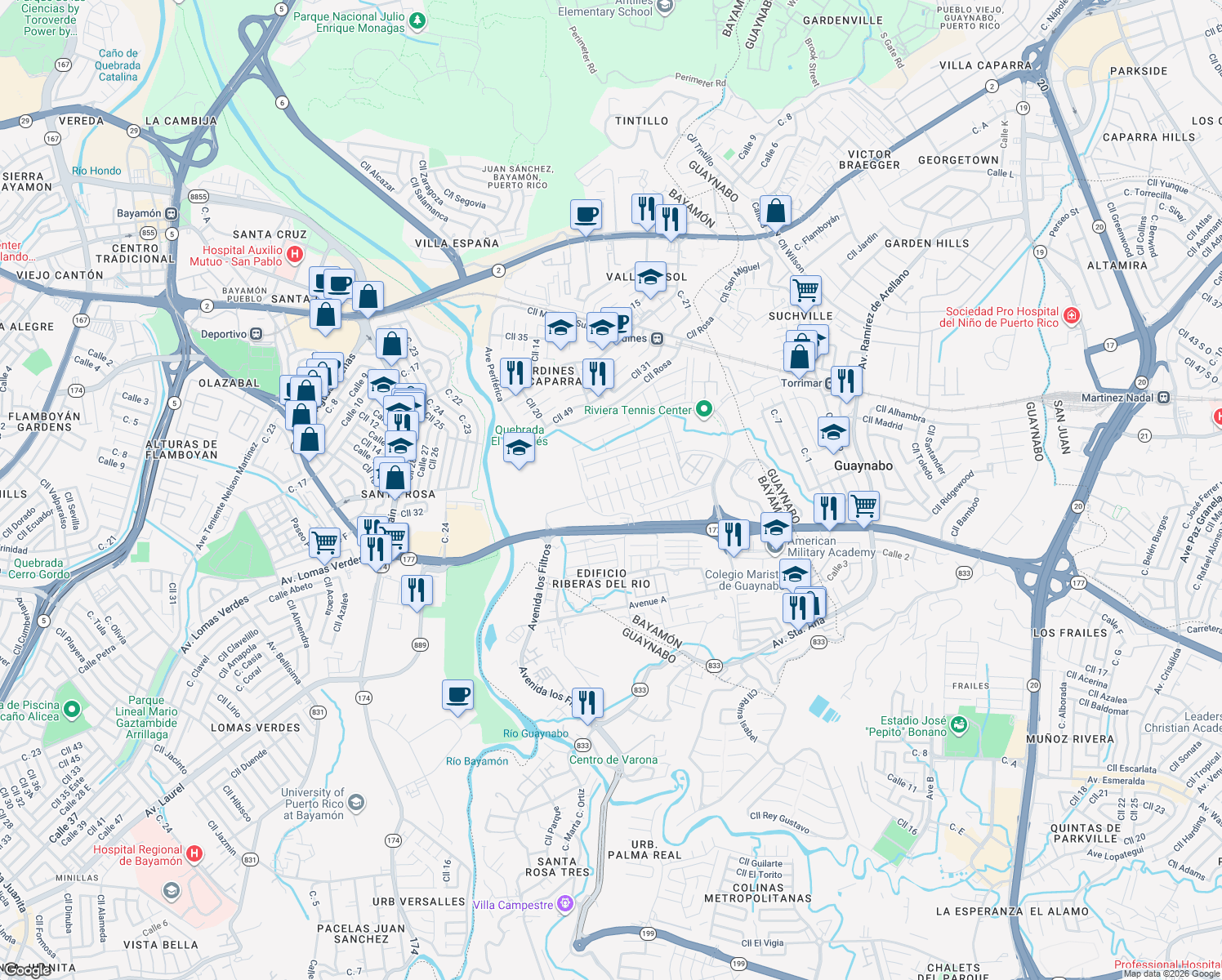 map of restaurants, bars, coffee shops, grocery stores, and more near in Bayamón