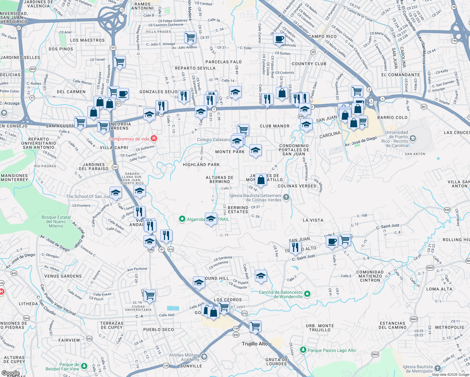 map of restaurants, bars, coffee shops, grocery stores, and more near Calle 2 in San Juan