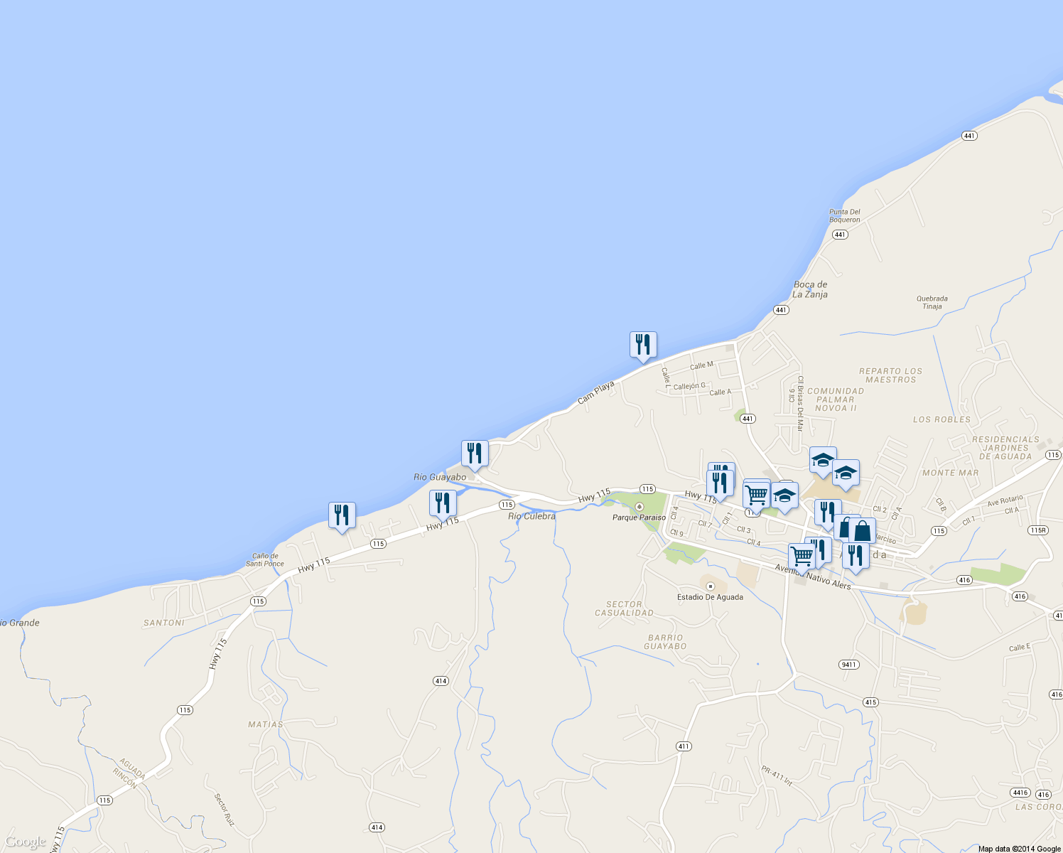 map of restaurants, bars, coffee shops, grocery stores, and more near Camino Playa in Aguada