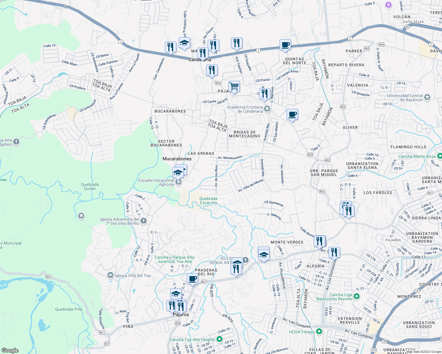 map of restaurants, bars, coffee shops, grocery stores, and more near Calle Rio Lajas in Toa Alta