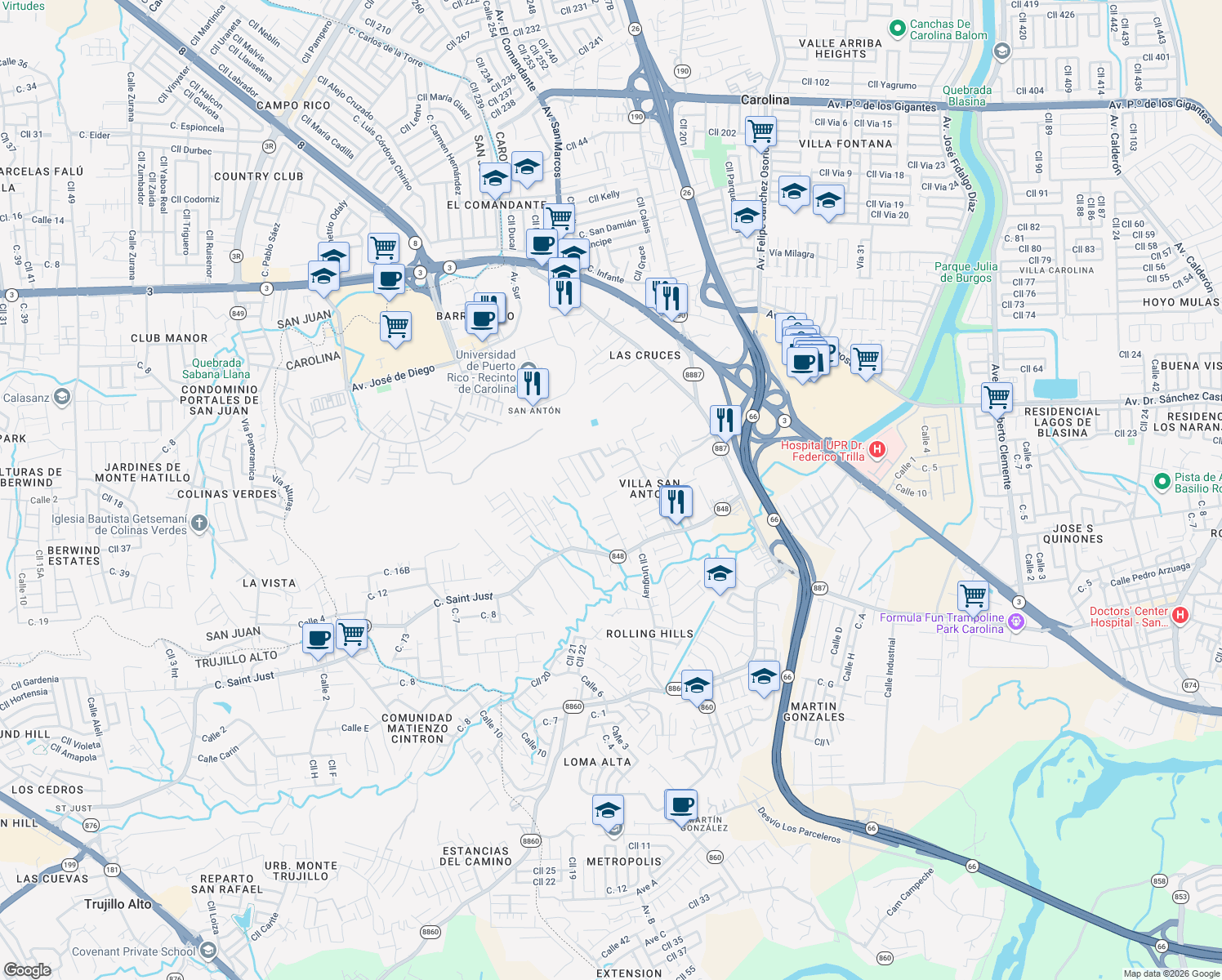 map of restaurants, bars, coffee shops, grocery stores, and more near Calle Ramon Figueroa Castro in Carolina