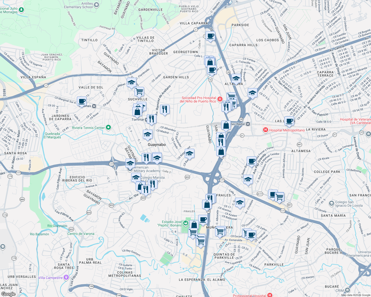 map of restaurants, bars, coffee shops, grocery stores, and more near Calle Ridgewood in Guaynabo