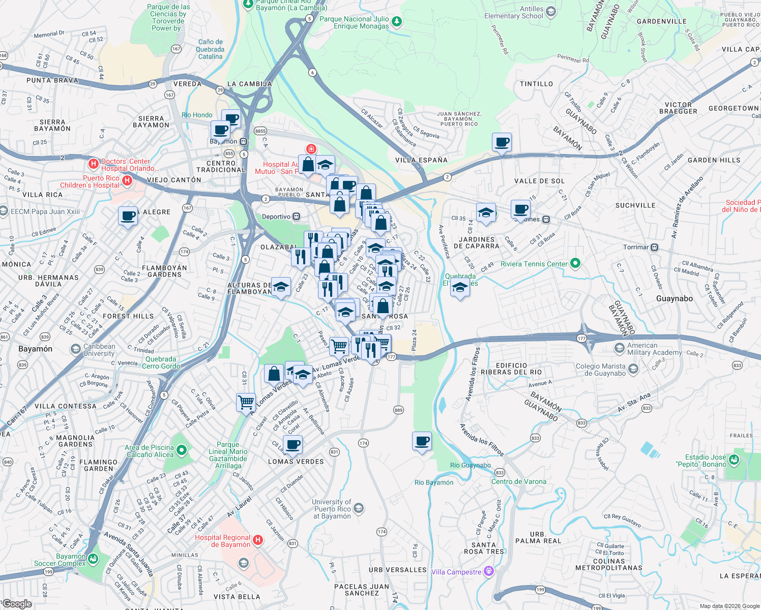 map of restaurants, bars, coffee shops, grocery stores, and more near in Bayamón