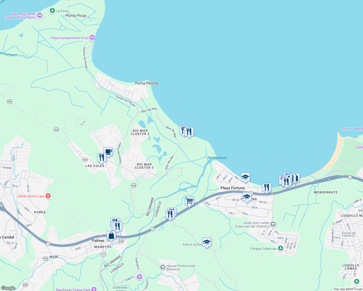map of restaurants, bars, coffee shops, grocery stores, and more near 6000 Boulevard Río Mar in Río Grande