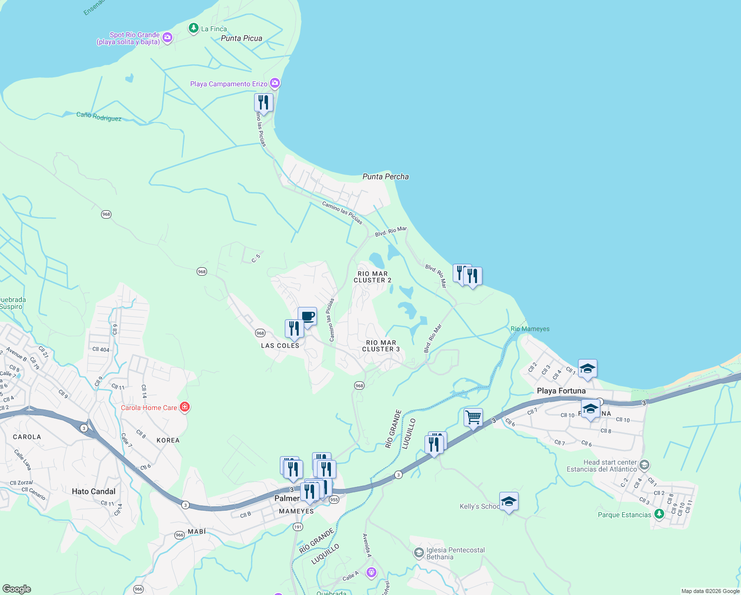 map of restaurants, bars, coffee shops, grocery stores, and more near Calle Sol in Rio Grande