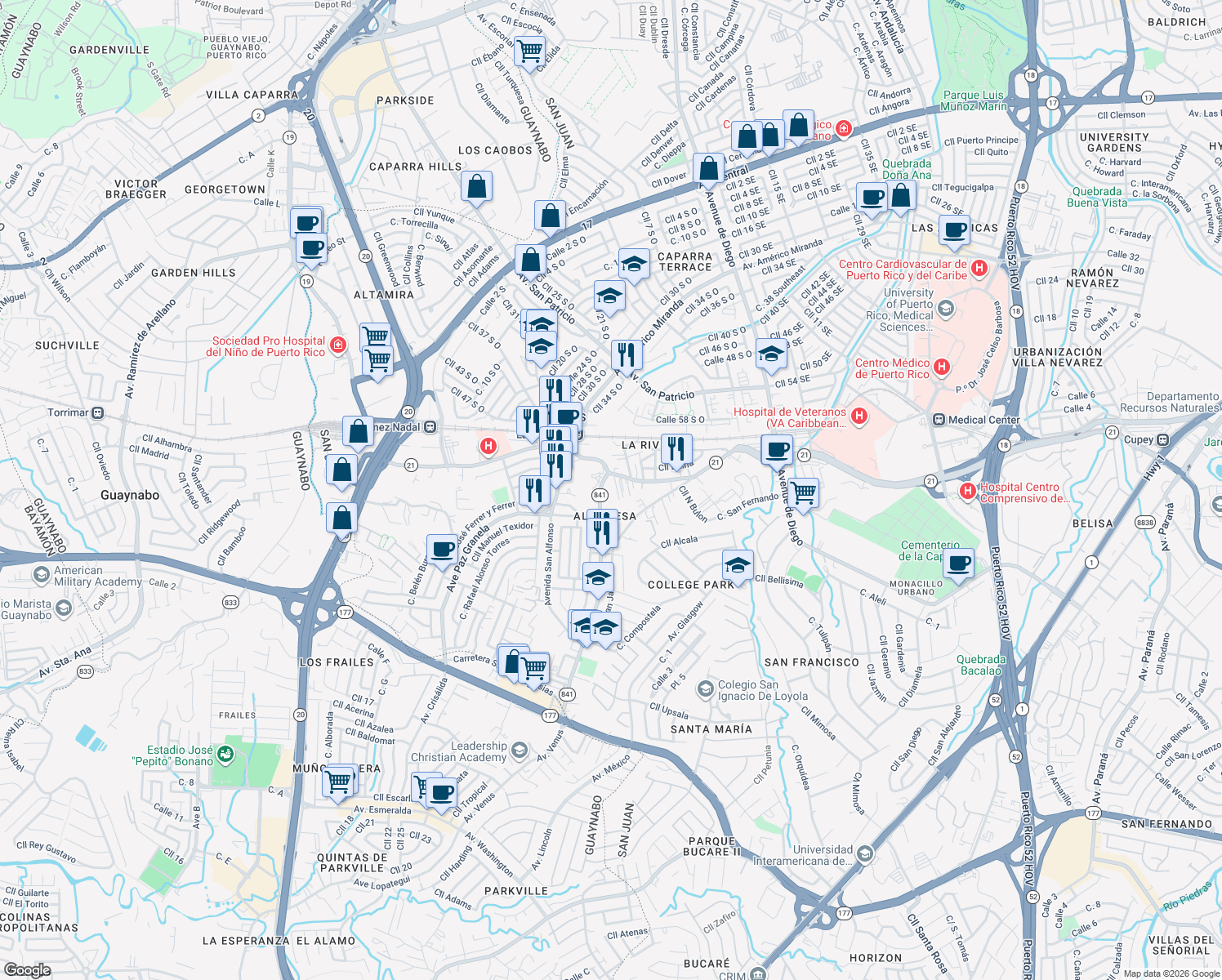 map of restaurants, bars, coffee shops, grocery stores, and more near Clljn Luyanda in San Juan