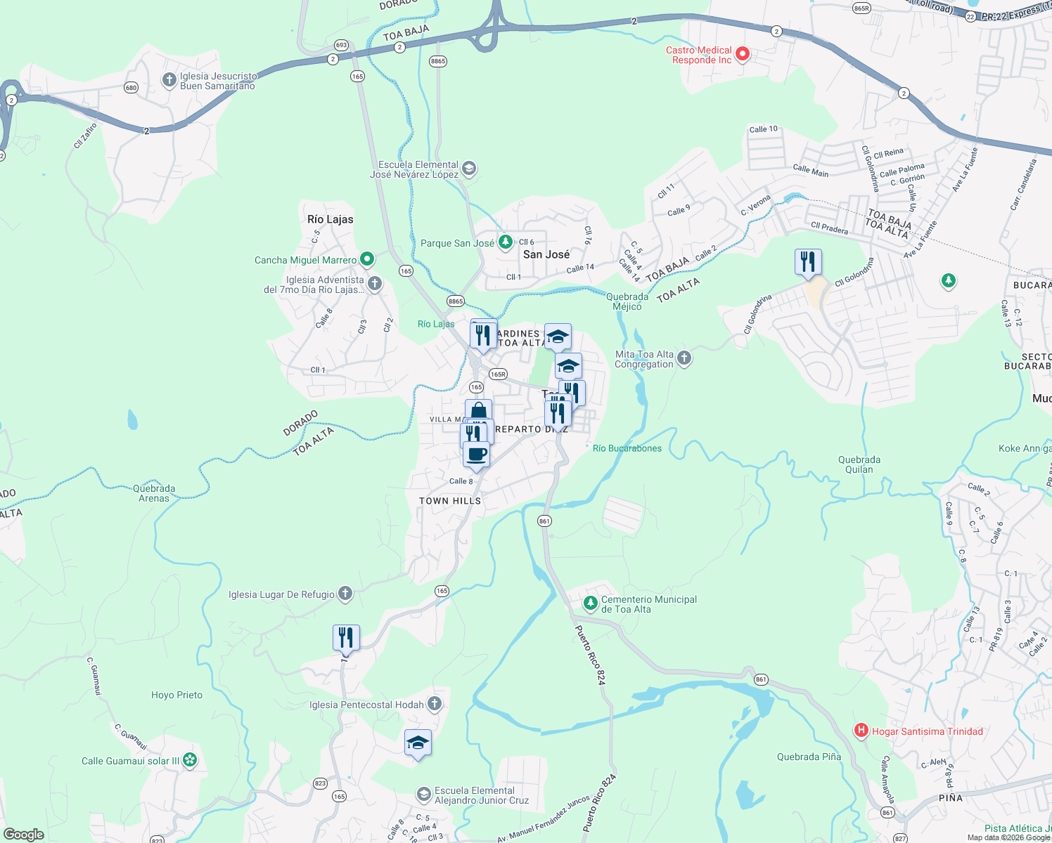 map of restaurants, bars, coffee shops, grocery stores, and more near 132-142 Calle 1 in Toa Alta