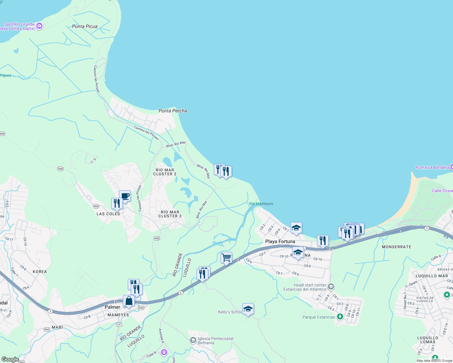 map of restaurants, bars, coffee shops, grocery stores, and more near 6000 Blvd Rio Mar in Río Grande