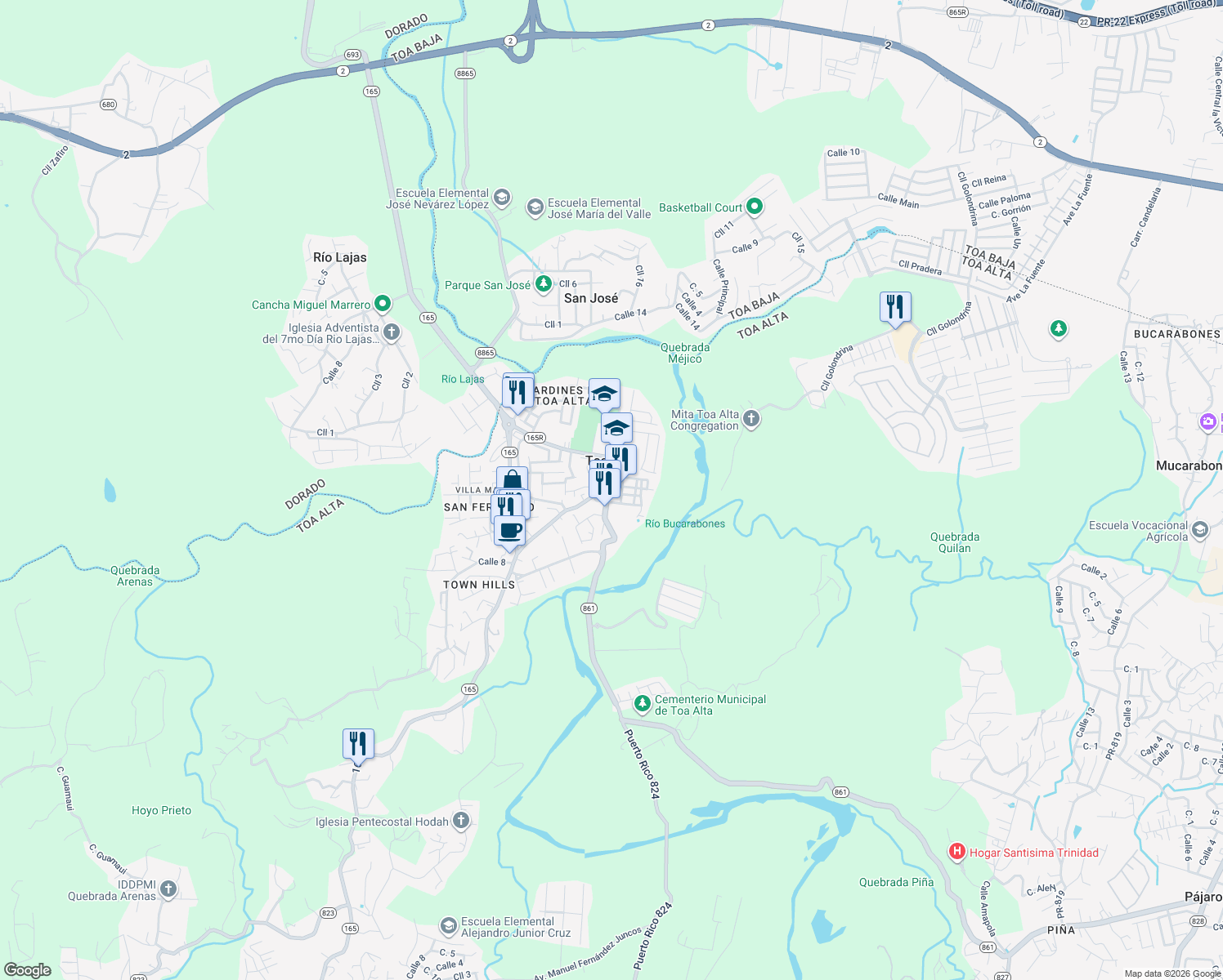 map of restaurants, bars, coffee shops, grocery stores, and more near in Toa Alta