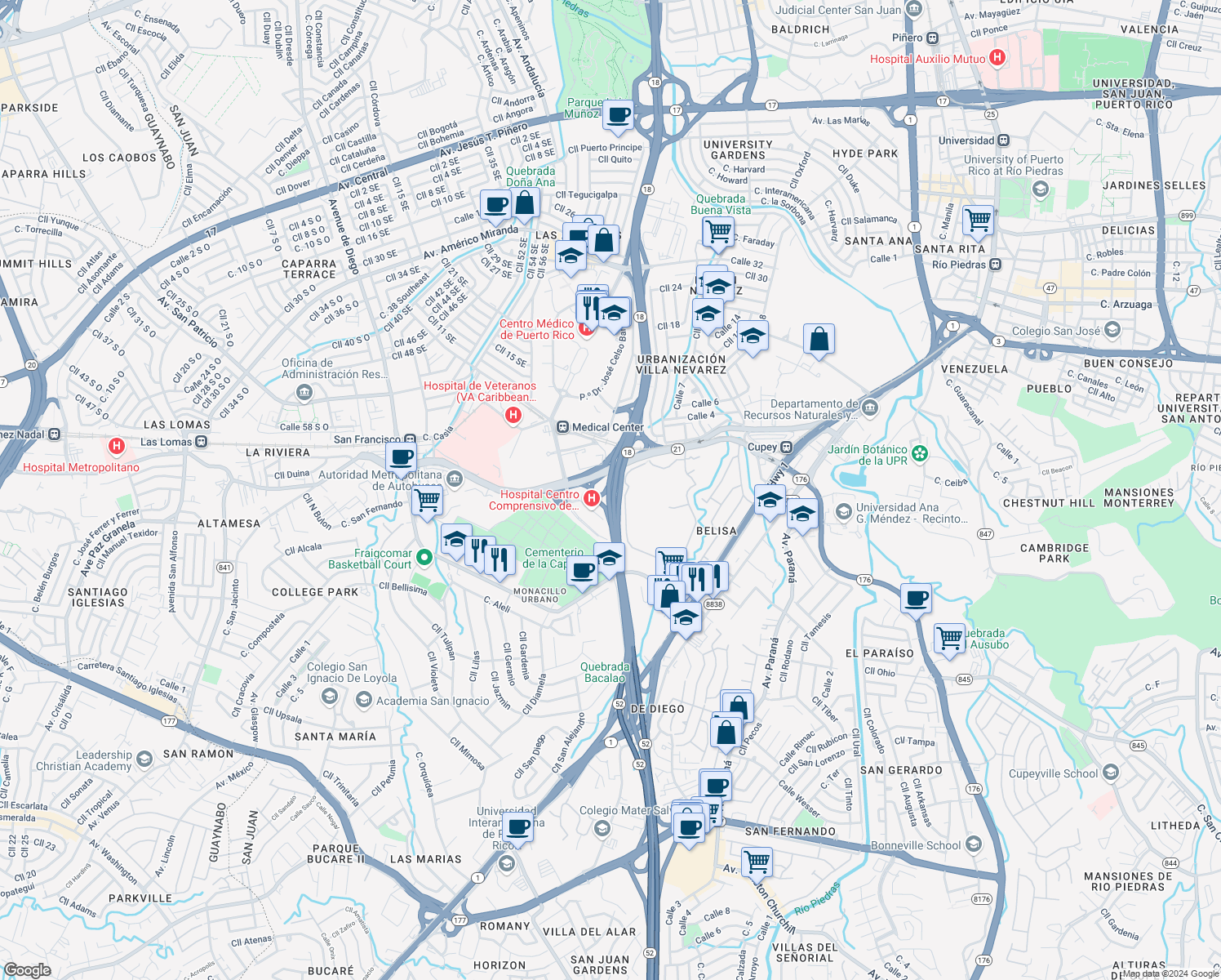 map of restaurants, bars, coffee shops, grocery stores, and more near Puerto Rico 18 in San Juan