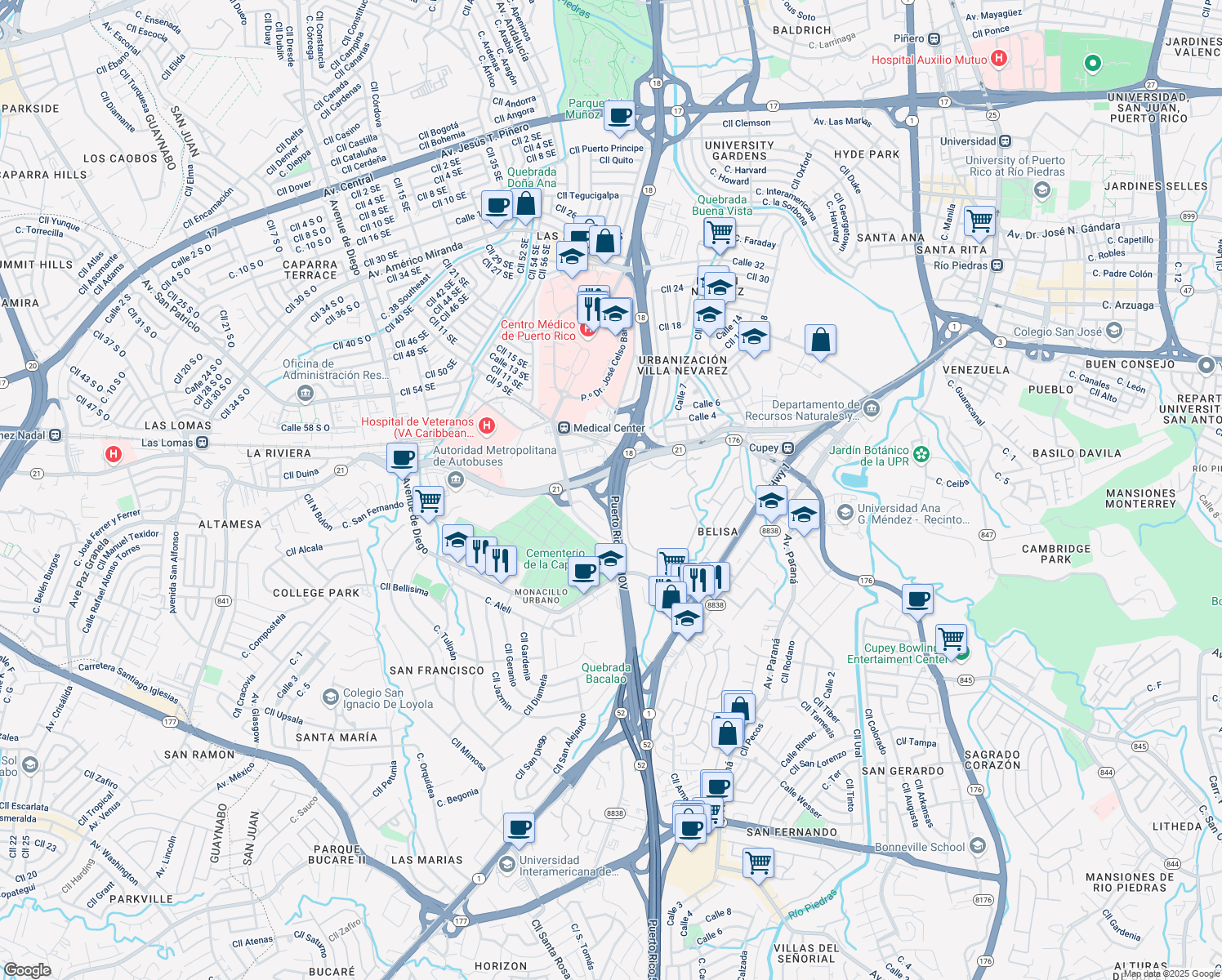 map of restaurants, bars, coffee shops, grocery stores, and more near Puerto Rico 18 in San Juan